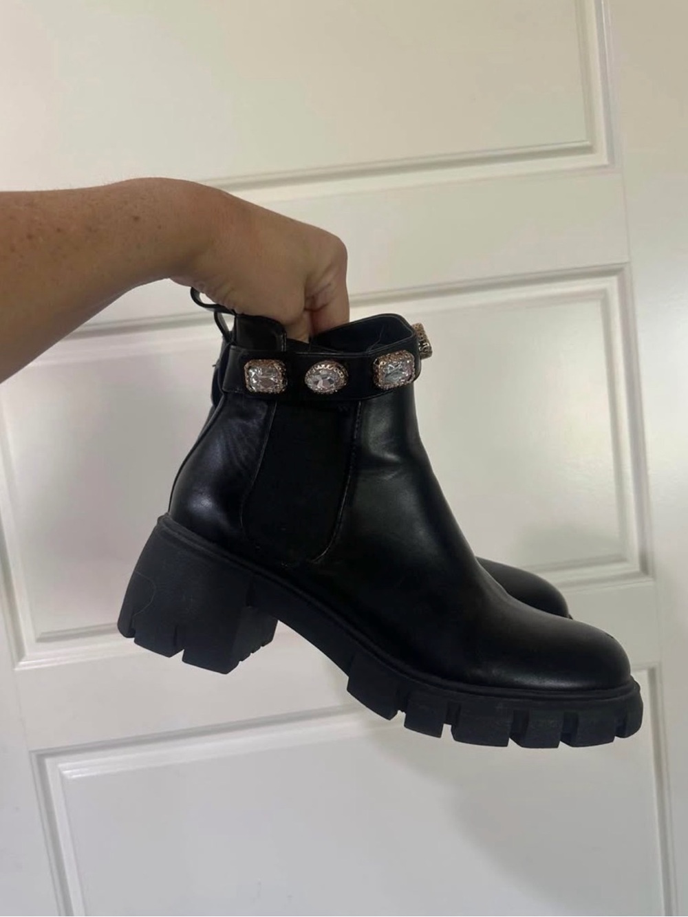Black Chunky Chelsea Boot with Gem Strap- 8